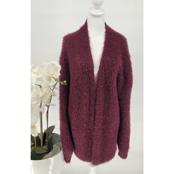 Love Tree Womens Burgundy Fuzzy Open Front Chic Outdoor Cardigan Sweater Medium - Picture 1 of 7